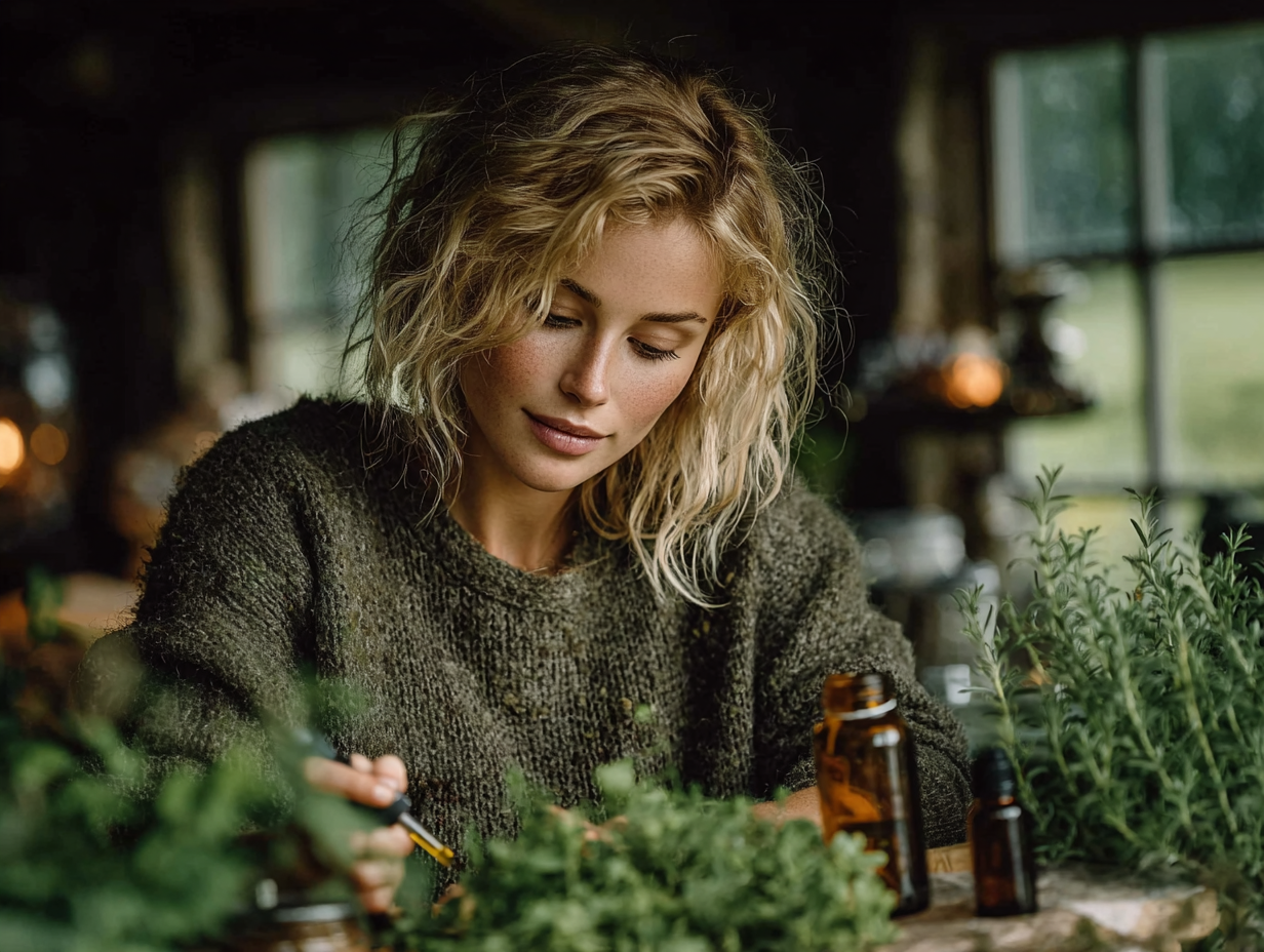 Mulher loira bonita manipulando um frasco de tintura em ambiente naturalista, representando uso seguro de vermífugo natural.