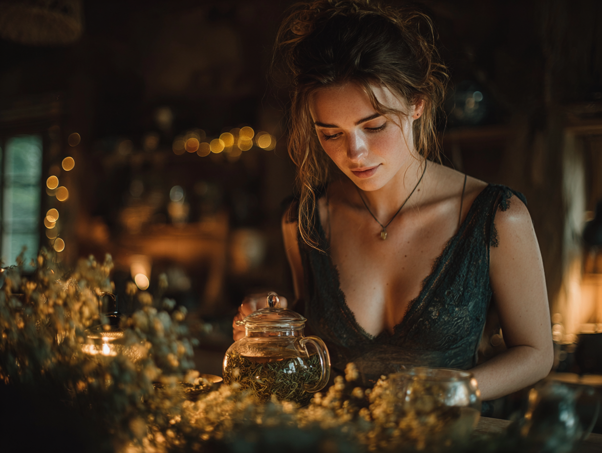 Mulher morena preparando chá de artemísia para vermes, com folhas secas verde-acinzentadas visíveis, em ambiente de cozinha natural e iluminado.