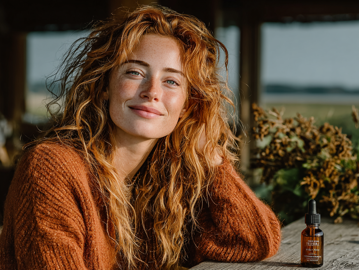 Mulher ruiva bonita sorrindo, manipulando frasco de tintura em ambiente naturalista, representando bem-estar após tratamento.