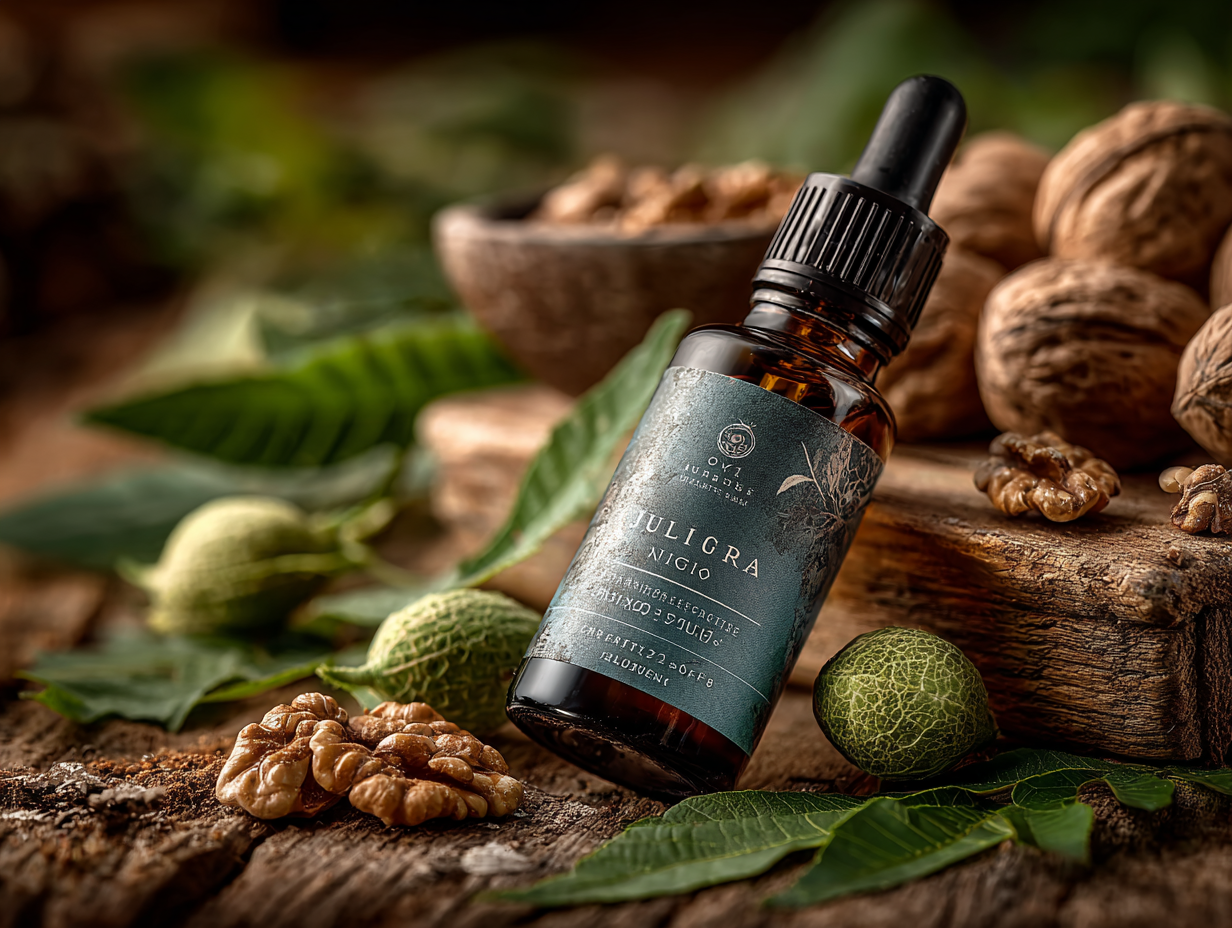 Frasco de tintura de noz-preta sobre mesa de madeira, usado como vermífugo natural.