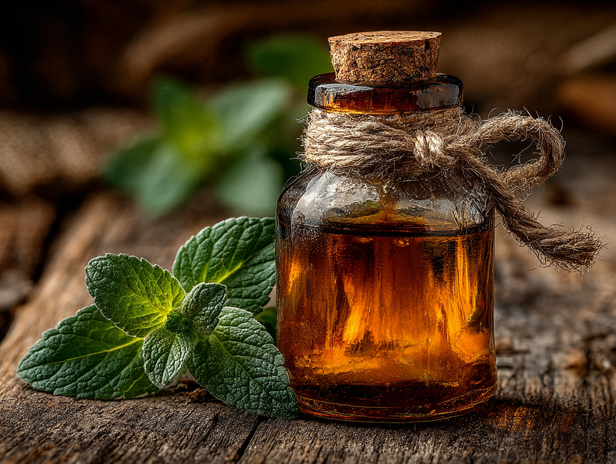 Frasco pequeno de óleo de orégano com folhas frescas ao redor, alimento que ajuda no combate a vermes intestinais.