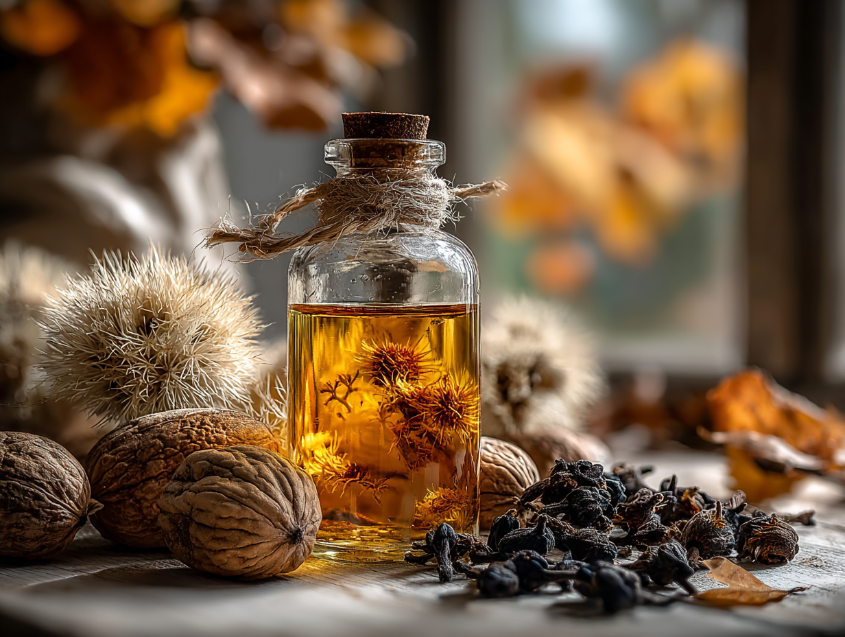 Foto realista de frasco de tintura com nogueira, absinto e cravinho como remédio natural para verme.