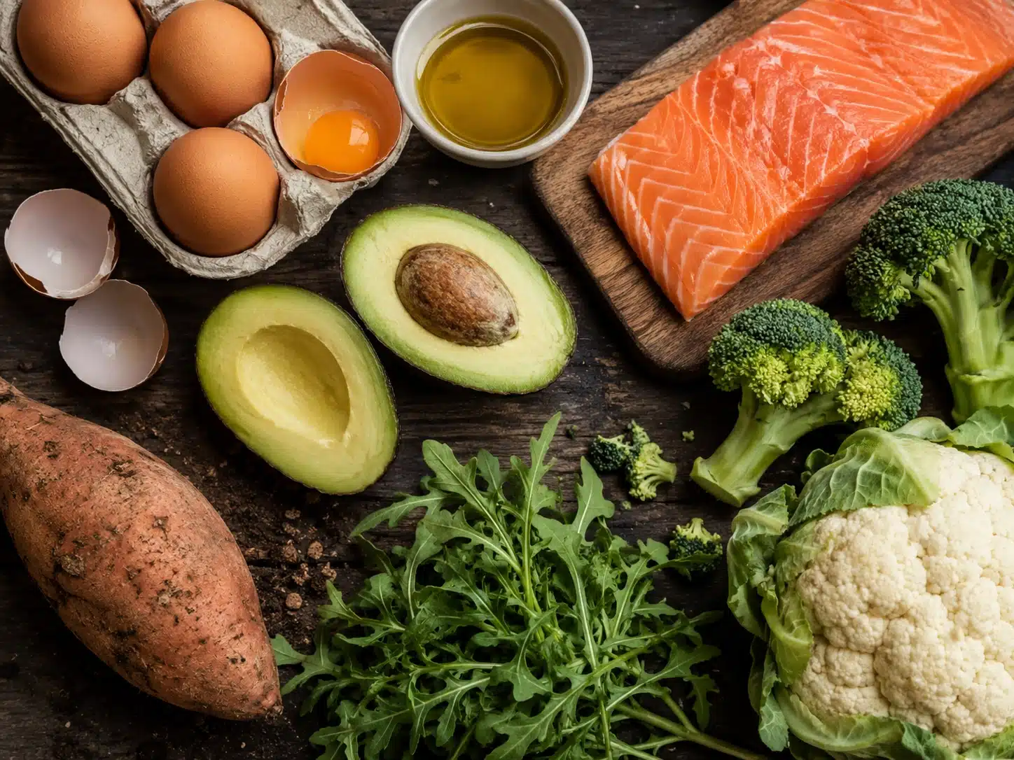 Seleção de alimentos liberados para dieta de diabetes: ovos, abacate, vegetais e peixe