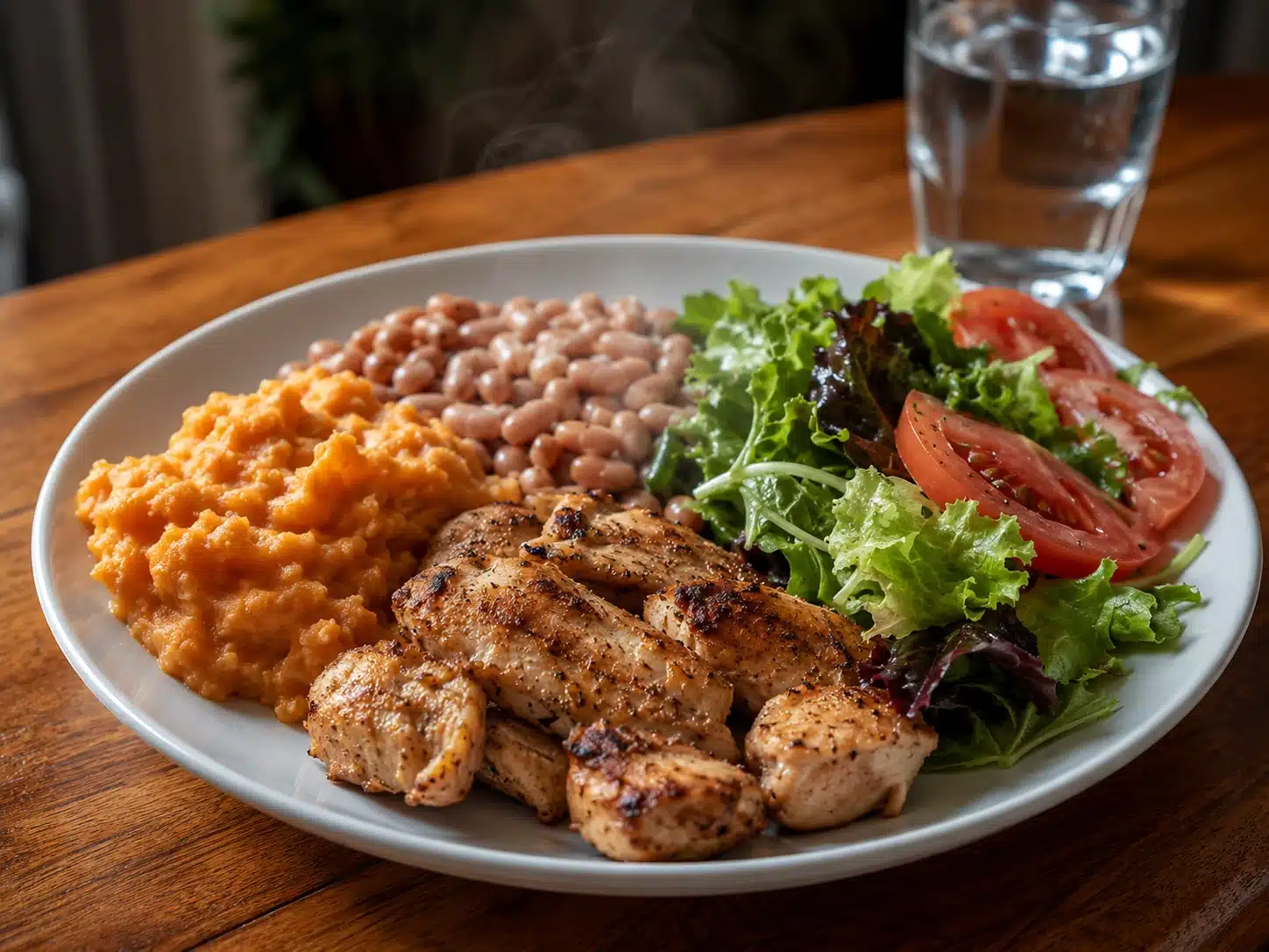 Prato de almoço da dieta para diabetes com carne, batata-doce e salada