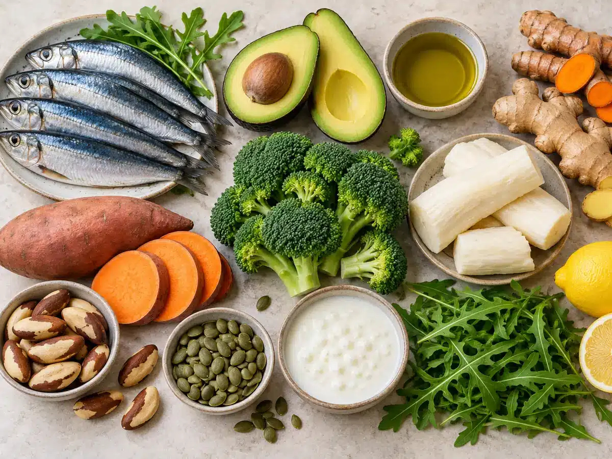 Alimentos anti-inflamatórios: sardinha, abacate, azeite, cúrcuma, gengibre, brócolis, batata-doce, mandioca, castanhas e kefir