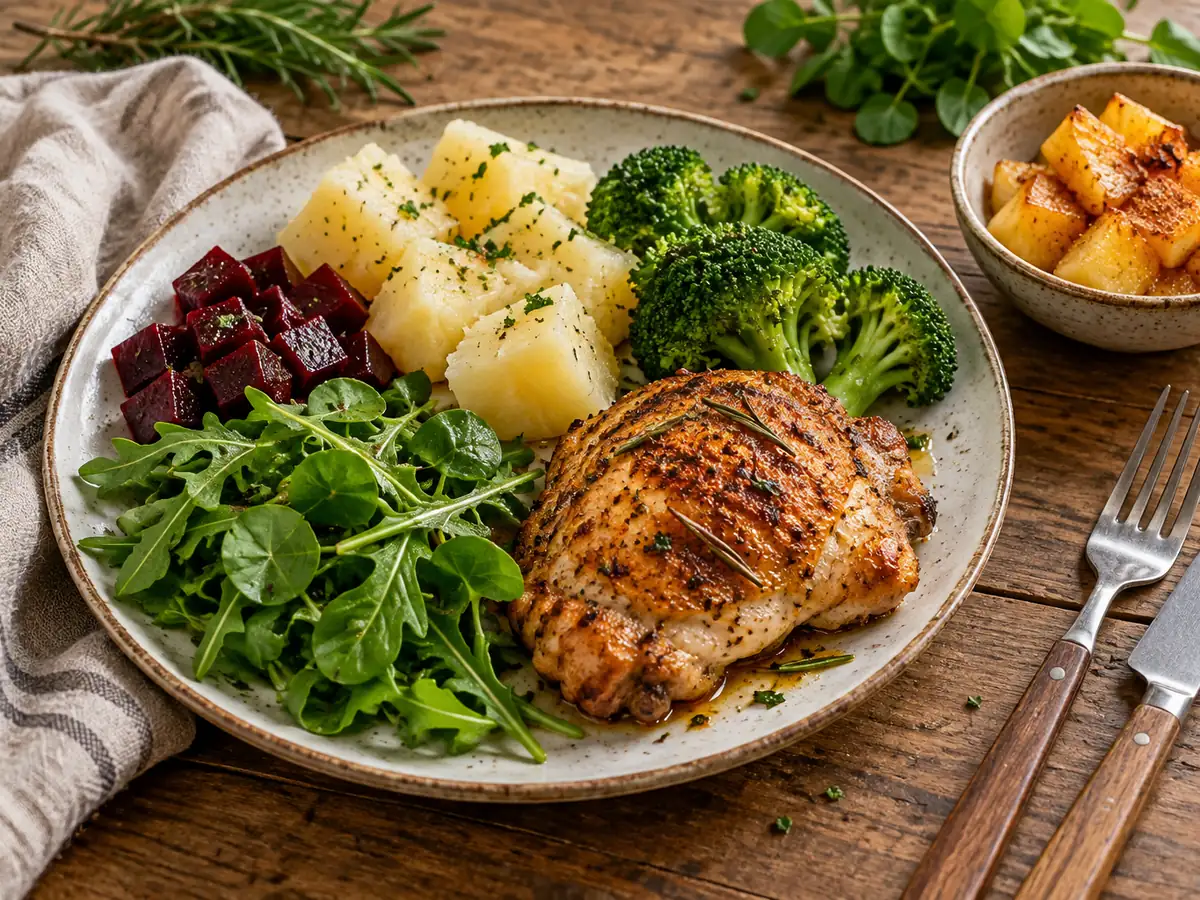 Almoço anti-inflamatório com sobrecoxa assada com alecrim, mandioca, brócolis, beterraba, rúcula e agrião