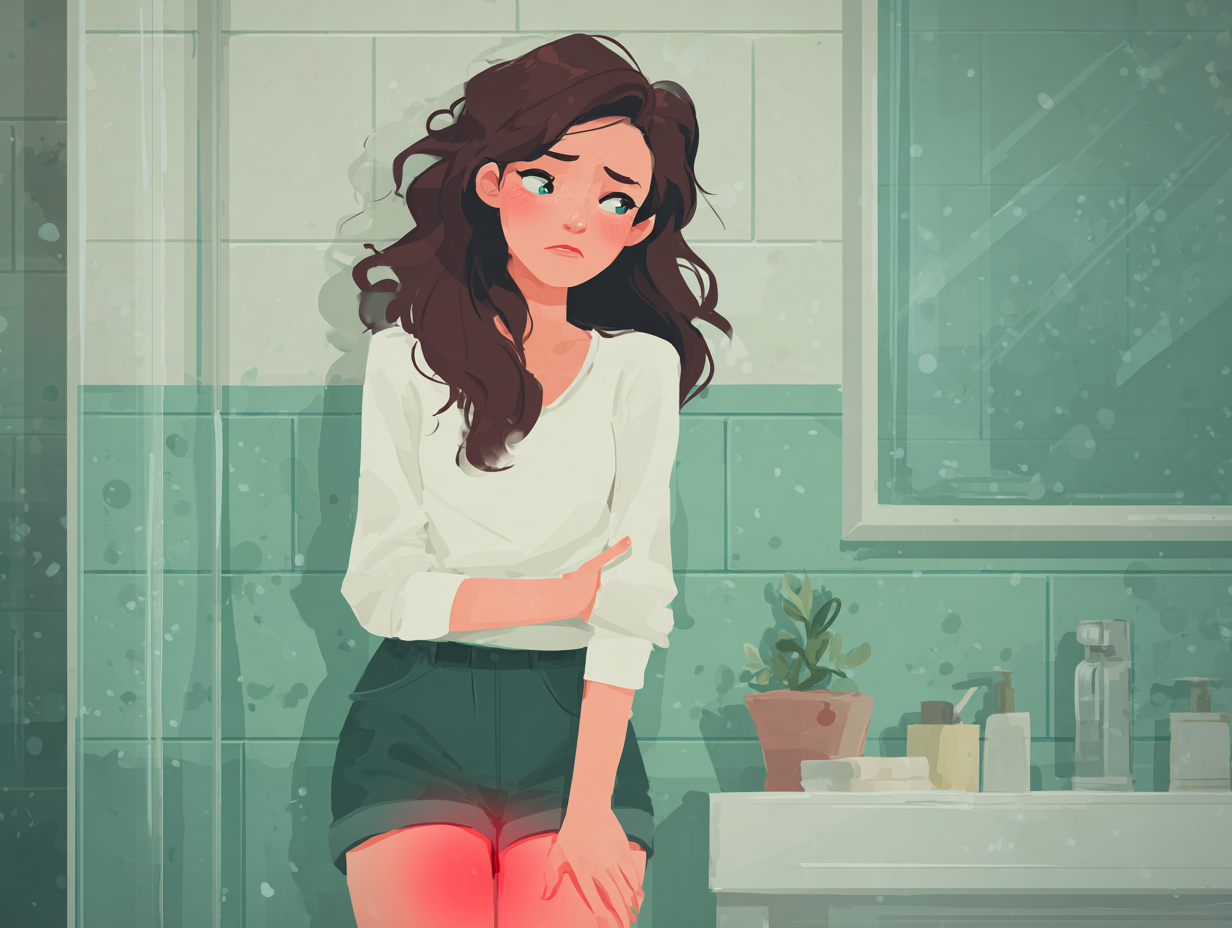 Ilustração médica mostrando mulher em banheiro com desconforto pélvico, sugerindo ardência vaginal sem corrimento visível.