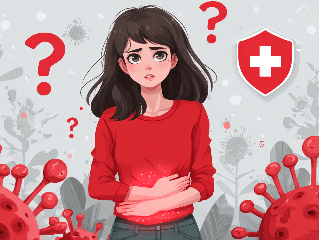 Mulher com desconforto pélvico e expressão de dúvida, cercada por símbolos do sistema imunológico e fungos representando candidíase e baixa imunidade