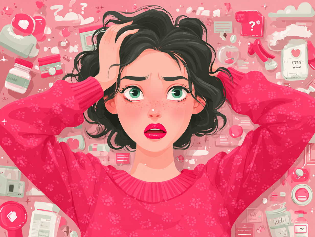 Mulher com expressão de confusão cercada por ícones visuais que representam causas da candidíase, como açúcar, estresse, medicamentos e roupas sintéticas