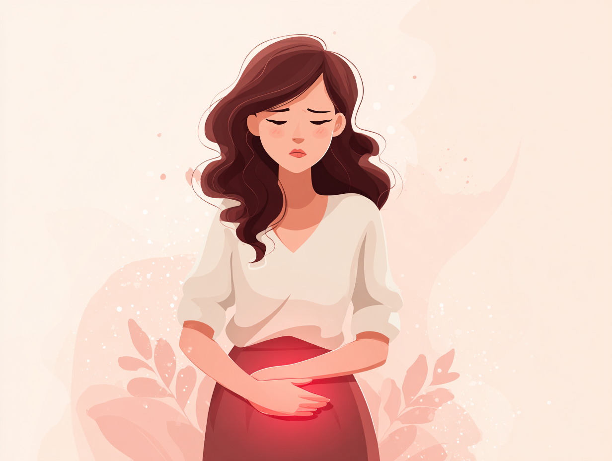 Ilustração de uma mulher com dor na região pélvica e expressão de desconforto, representando sintomas da candida feminina