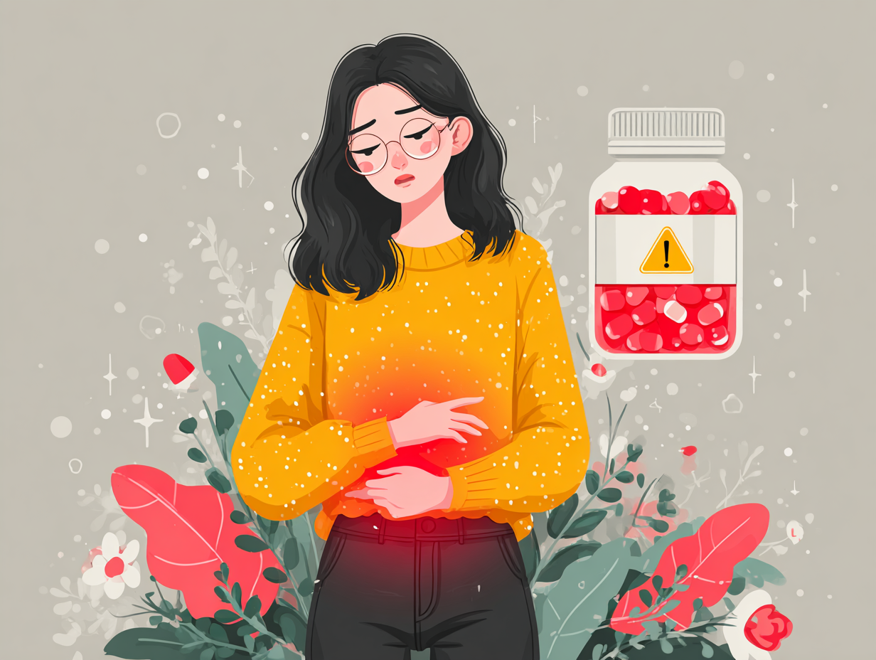 Ilustração médica de uma mulher com dor pélvica e luz vermelha, ao lado de um frasco de antibiótico gigante, simbolizando candidíase depois de antibiótico.