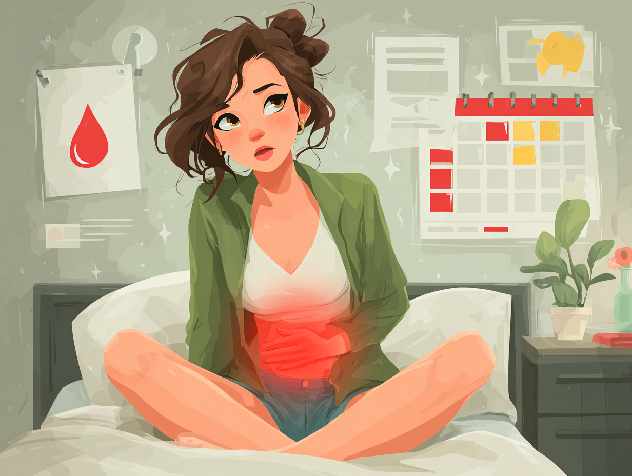 Ilustração médica de uma mulher sentada com a mão no baixo ventre, com dor após a menstruação, simbolizado candidíase após menstruação