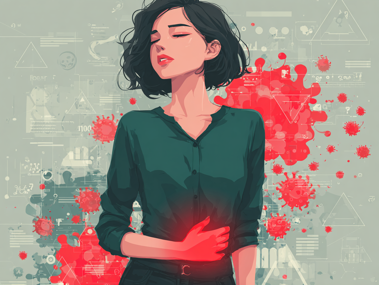 Ilustração médica de uma mulher com dor intensa no baixo ventre, olhos fechados em desconforto e sinais ao redor indicando sintomas de candidíase avançada.