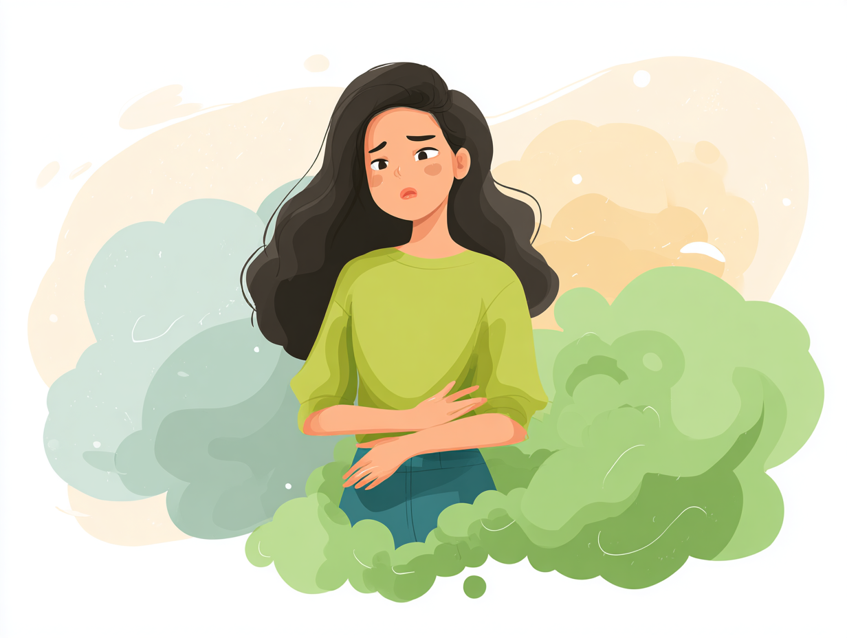 Ilustração de mulher com desconforto pélvico e representação simbólica de odor, sugerindo infecção vaginal e se perguntando se candidíase causa mau cheiro.