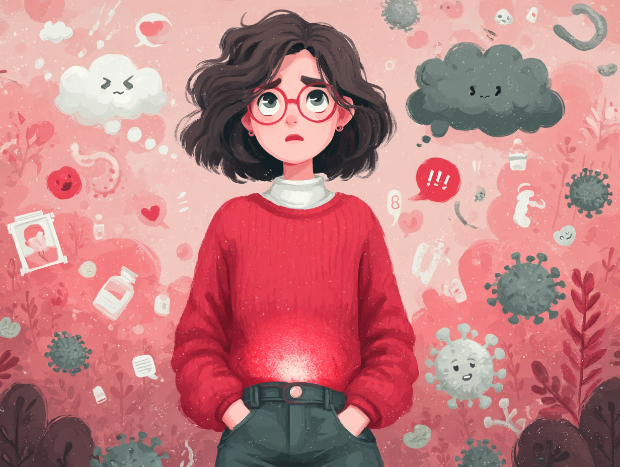 Ilustração médica de mulher com expressão de desconforto e região pélvica iluminada, cercada por símbolos de estresse e fungos, representando a candidíase causas emocionais