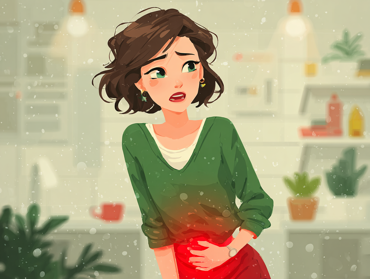 Ilustração médica de uma mulher com expressão de desespero e coceira intensa na região íntima, simbolizando o desconforto típico porque a candidíase coça muito