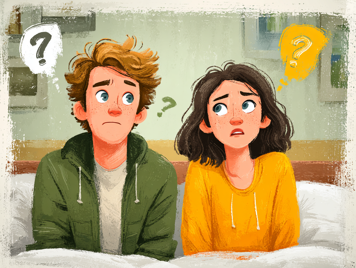 Ilustração médica de um casal sentado na cama com expressão de dúvida sobre candidíase como pega