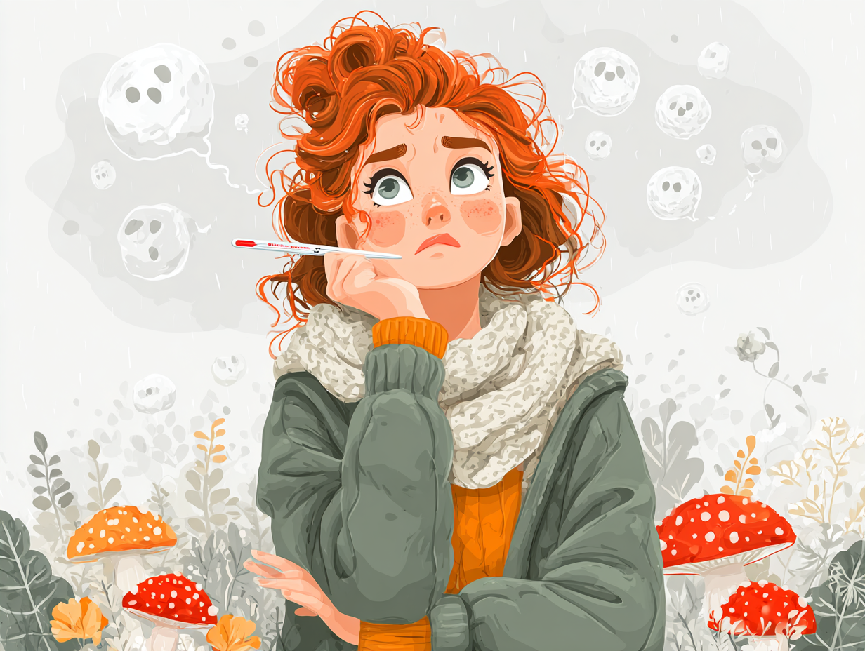 Ilustração de uma mulher com expressão preocupada, termômetro na boca e testa avermelhada, com duvida se candidíase dá febre