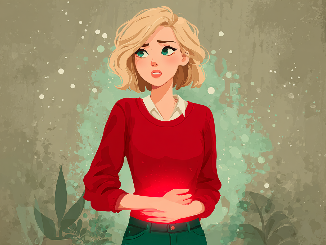 Ilustração médica em estilo flat mostrando mulher loira com dor na região pélvica e luz vermelha destacando o desconforto típico da candidíase vaginal.