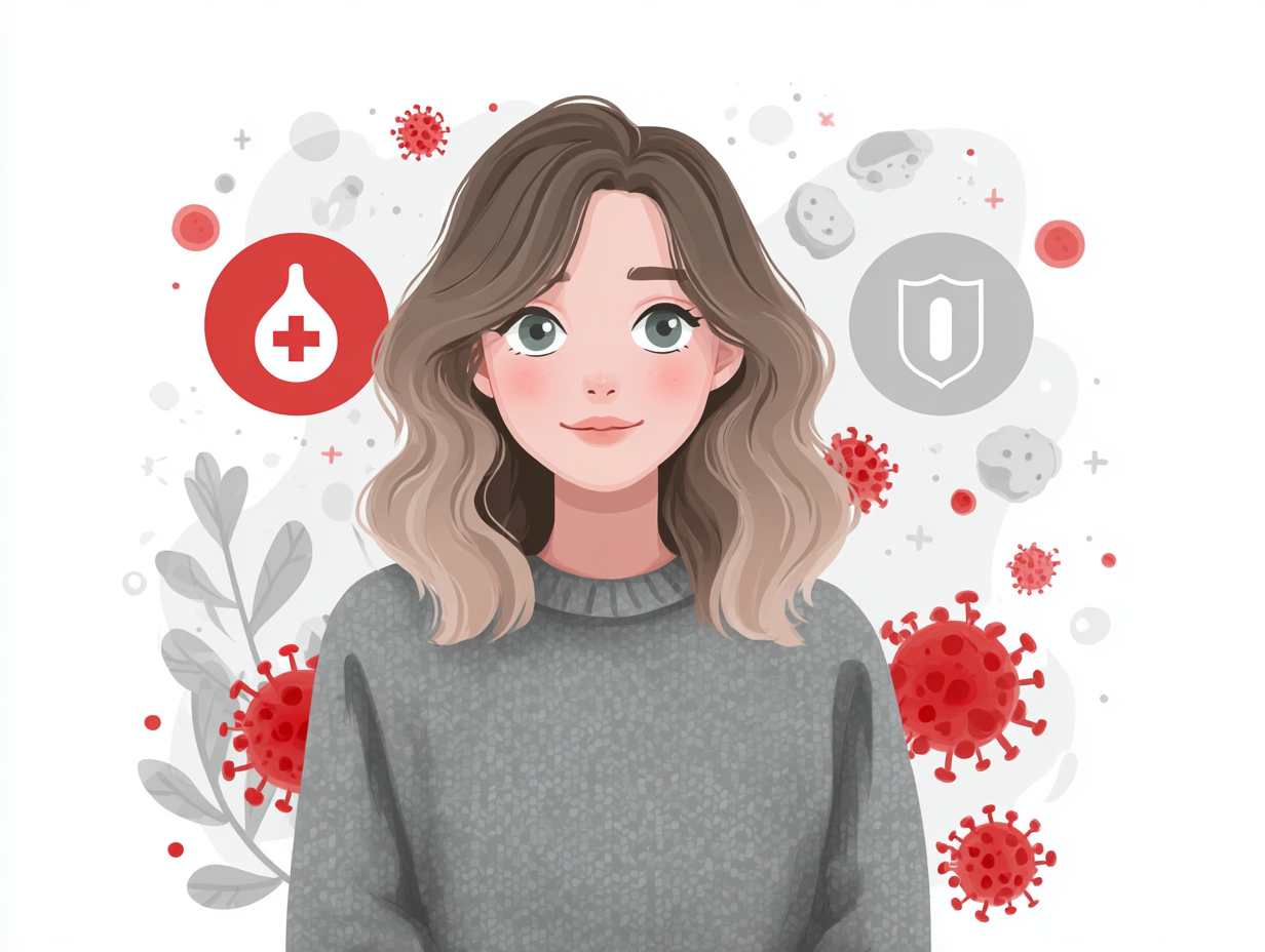 Ilustração médica de uma mulher com destaque na região pélvica e ícones de sistema imune ao redor, representando a relação entre candidíase e imunidade.