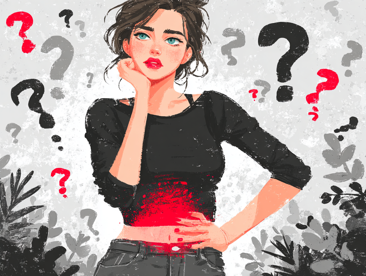 Ilustração médica de uma mulher com dor na região pélvica e dúvidas visuais ao redor, representando a candidíase feminina sintomas