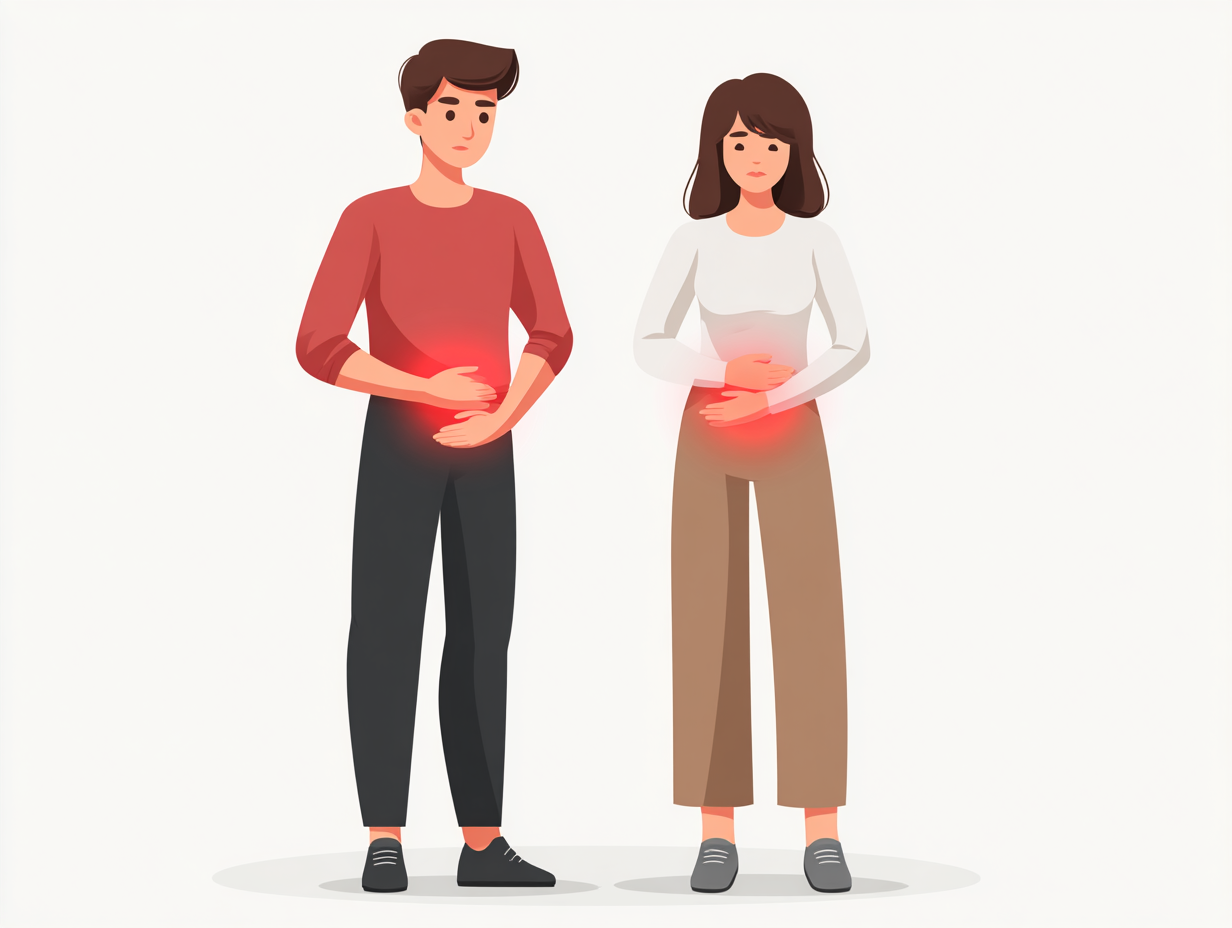 Ilustração médica de um homem e uma mulher com dor na região pélvica, indicando sintomas de candidíase genital