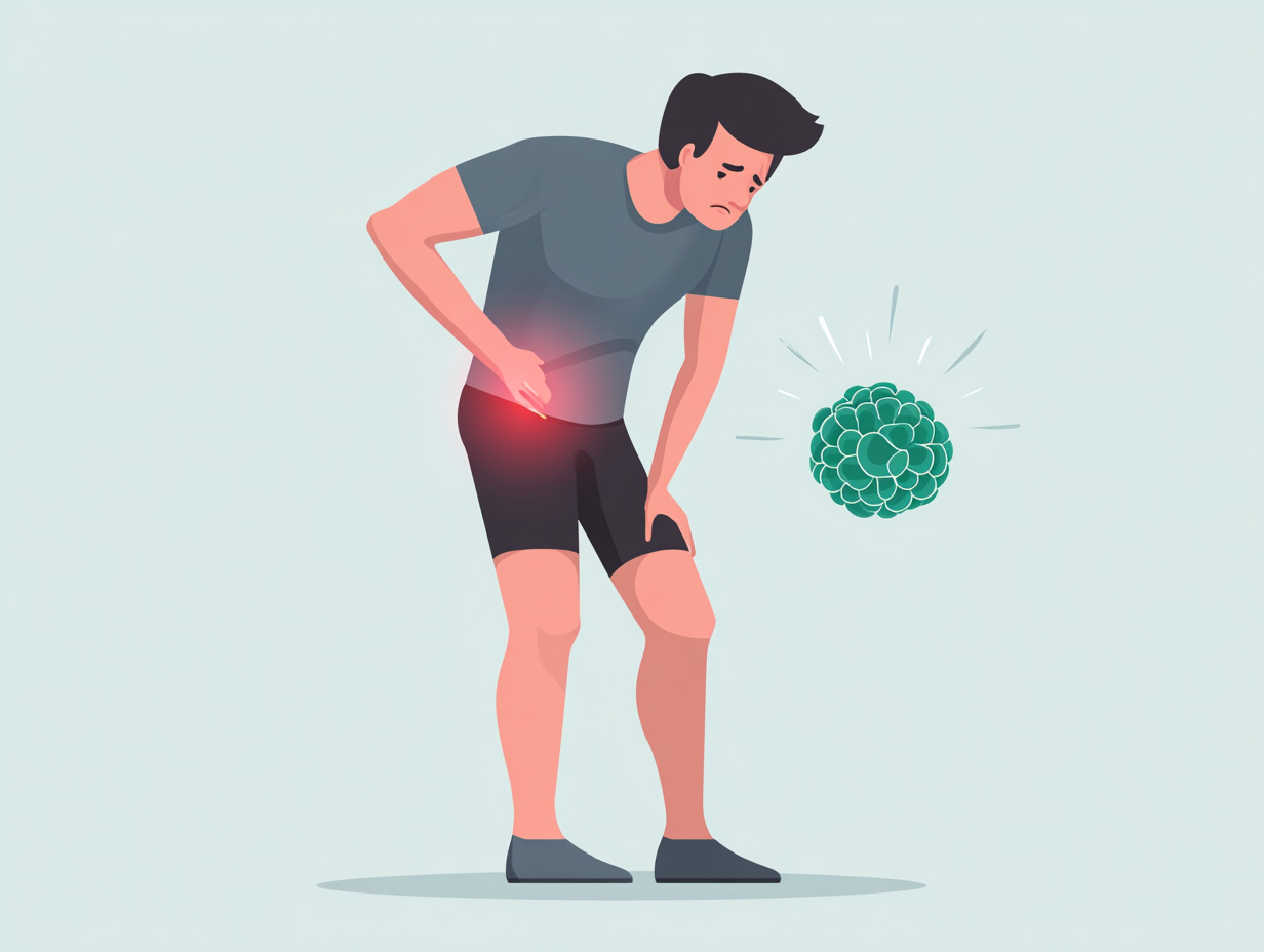 Ilustração médica de homem com desconforto e luz vermelha indicando inflamação por candidíase na virilha