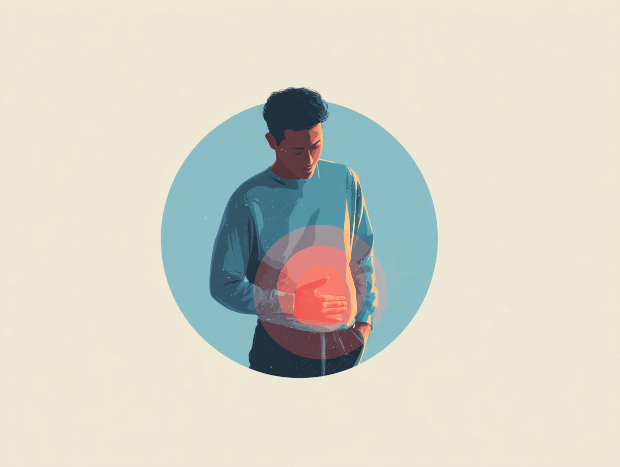 Ilustração de um homem chateado com irritação na região pélvica, representando os sintomas da candidíase no prepúcio