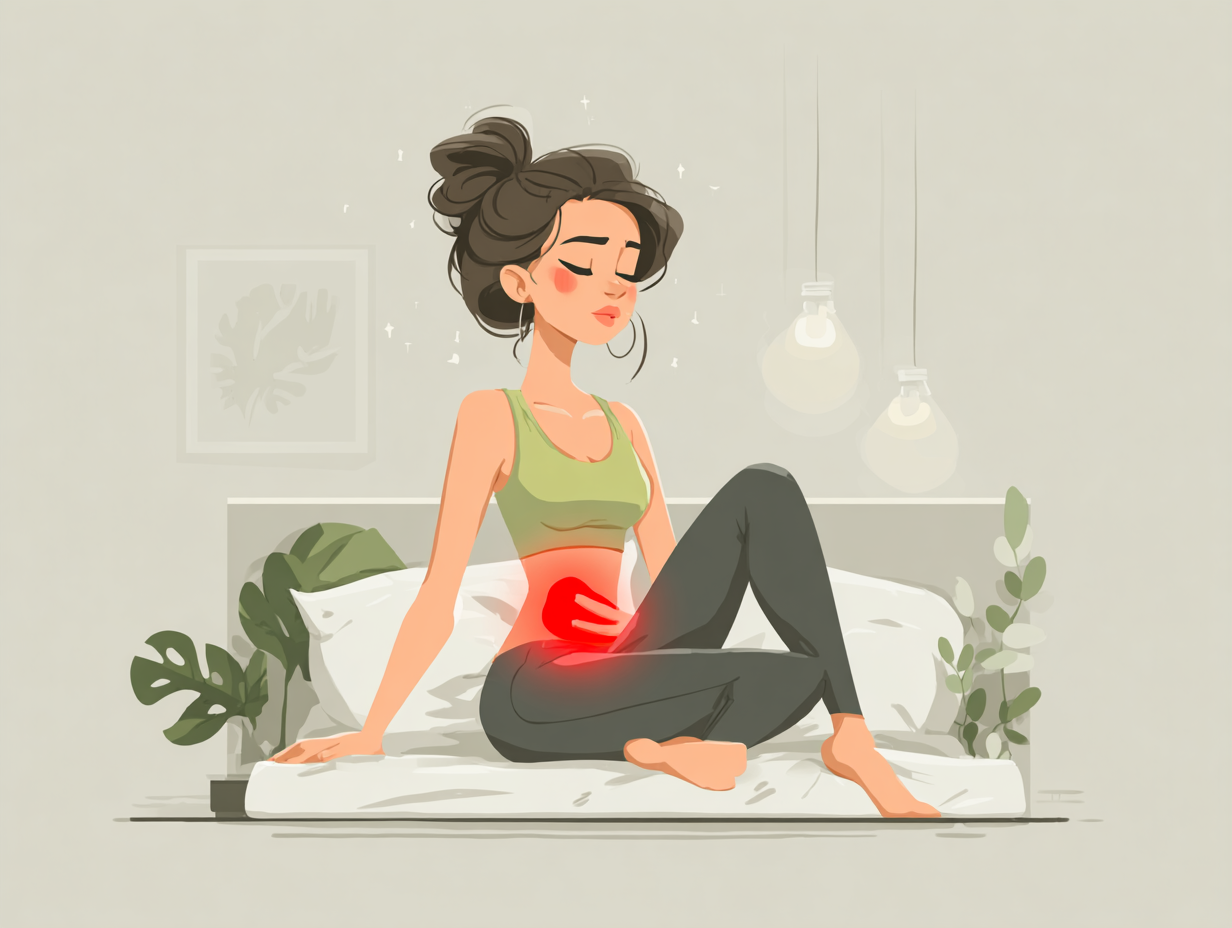 Mulher sentada com a mão sobre o abdômen, mostrando duvida se candidíase pode dar dor abdominal