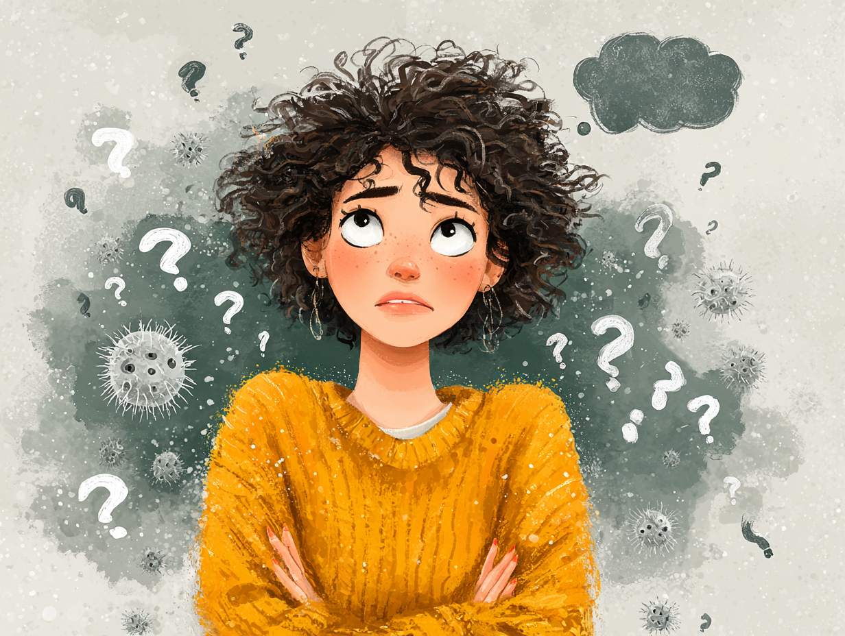 Ilustração de uma mulher negra com expressão de dúvida, rodeada por interrogações, nuvem cinza sobre a cabeça e o fungo Candida à frente, representando a dúvida se candidíase pode ser emocional.