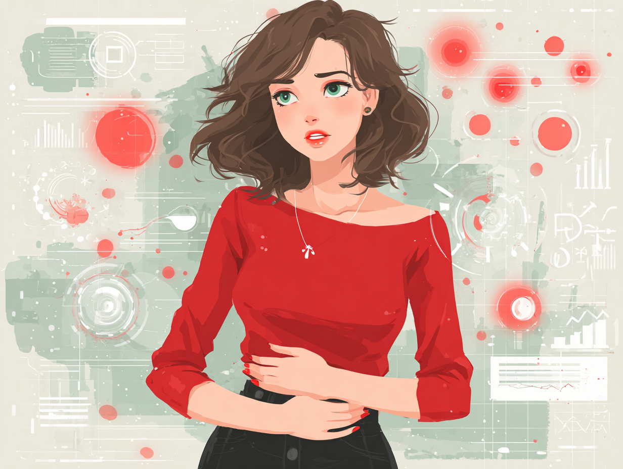 Ilustração médica de uma mulher com dor pélvica e elementos visuais de hormônios ao redor, representando que candidíase pode ser sinal de problema hormonal