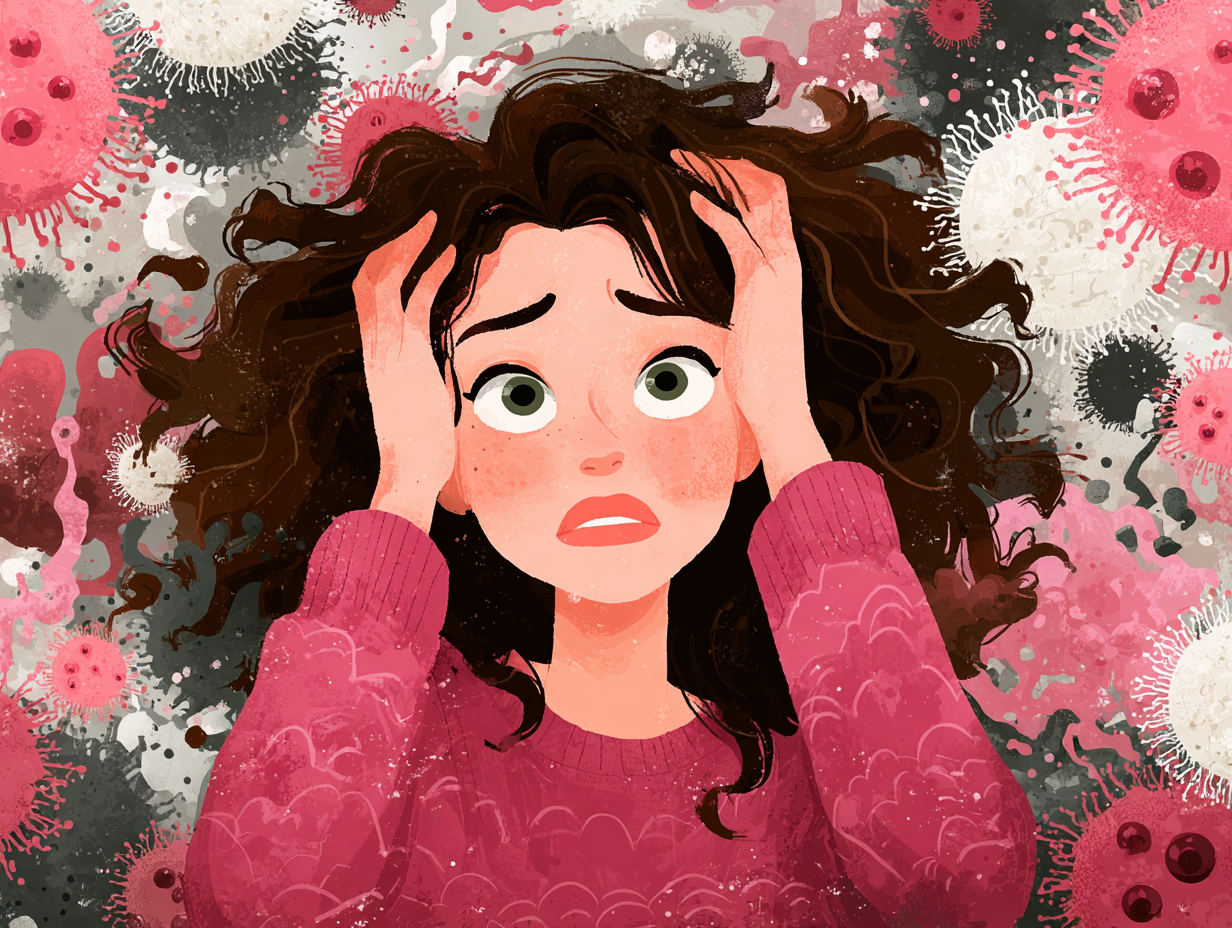 Mulher com sinais visuais de estresse emocional e fungos ao redor, representando candidíase por estresse