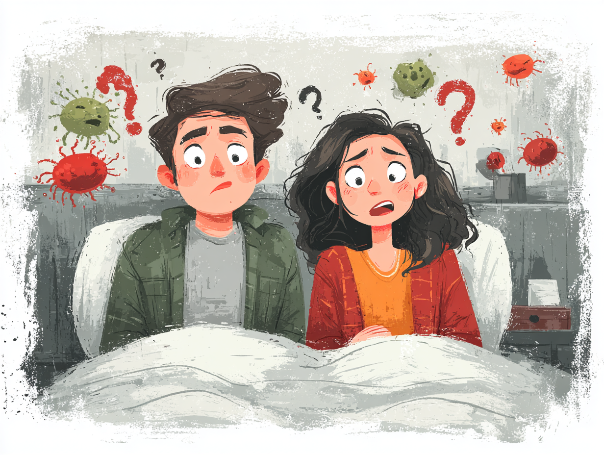 Ilustração de um casal sentado na cama com expressão de dúvida, sobre candidíase após relação sexual