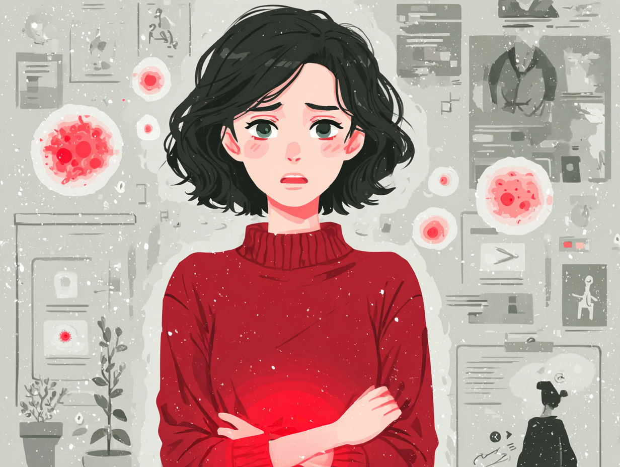 Ilustração médica de uma mulher com expressão de desconforto e luz vermelha na região pélvica, representando candidíase sintomas