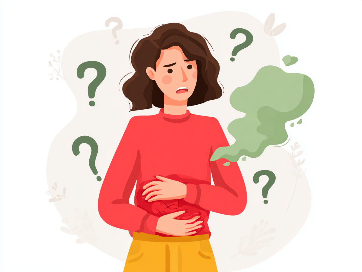 Ilustração médica de uma mulher com dor pélvica e expressão confusa se candidíase tem cheiro