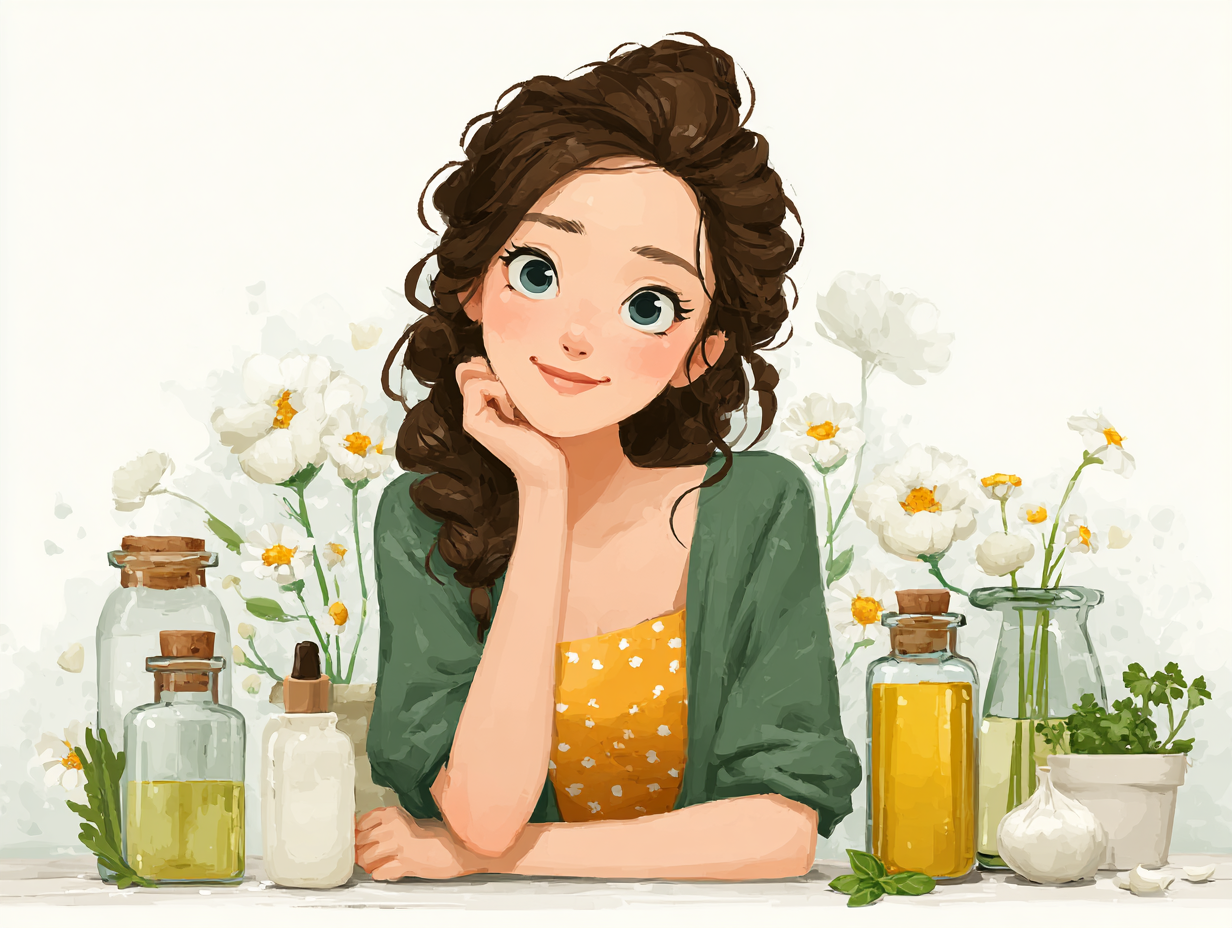 Ilustração de mesa com remédios naturais como alho, óleo de coco, orégano e chá — representando opções caseiras no contexto de candidíase tratamento.