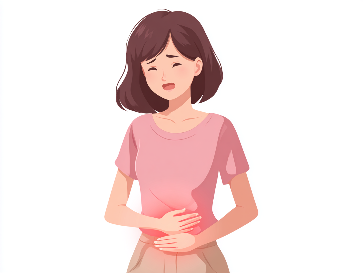 Ilustração de mulher com desconforto pélvico e luz vermelha indicando candidíase vaginal