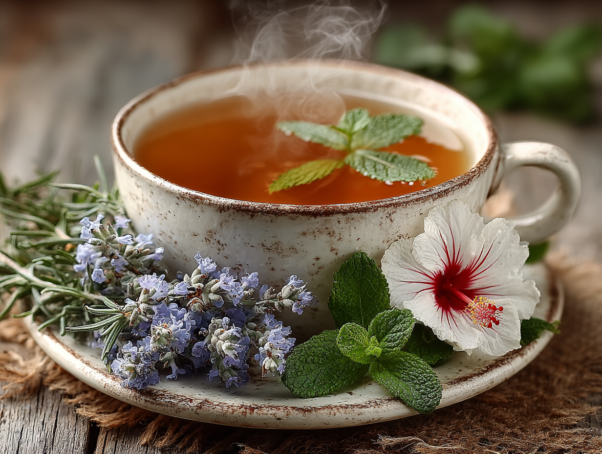 Foto realista de xícara de chá com ervas antifúngicas como orégano, hibisco e hortelã, usada como alternativa natural como chá antifungico para candidíase