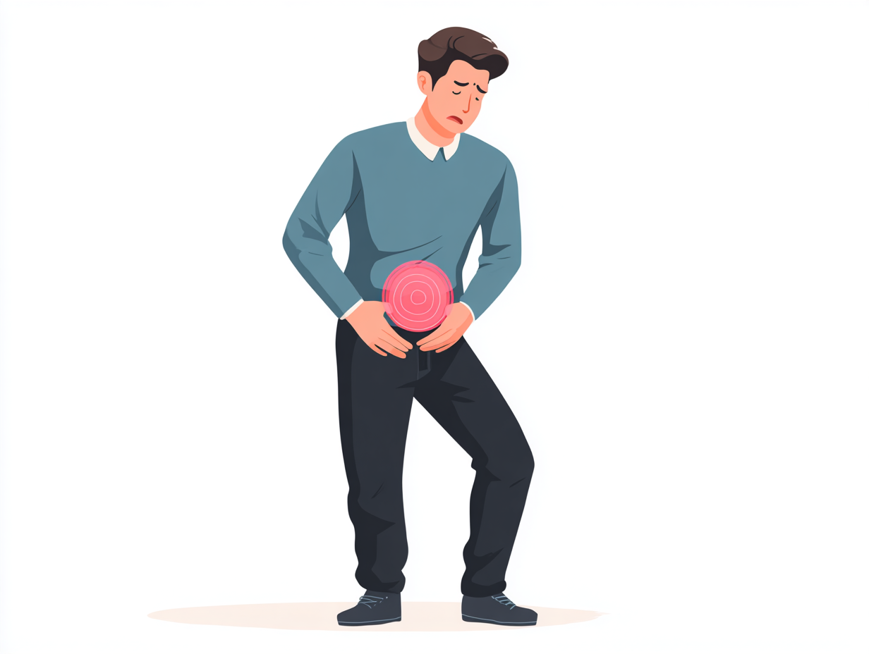 Ilustração de um homem com desconforto pélvico e vermelhidão, representando sintomas de coceira e vermelhidão no pênis