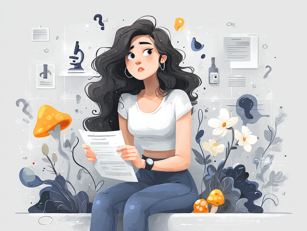 Ilustração médica de uma mulher com dor na região pélvica e expressão de dúvida, pensando em como saber que a candidíase acabou