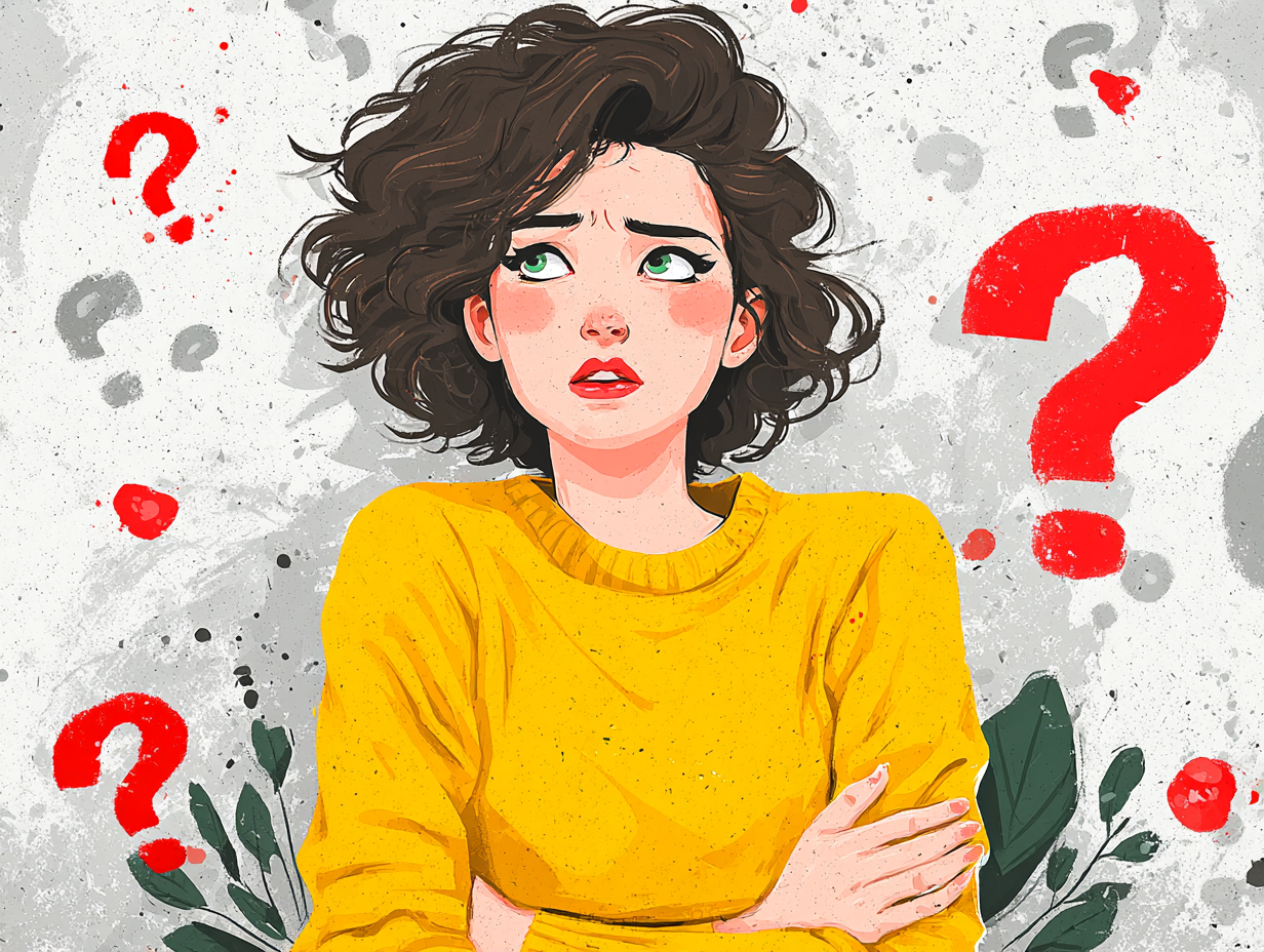 Ilustração médica de uma mulher com dor pélvica e expressão de dúvida, de como saber se é candidíase ou clamídia