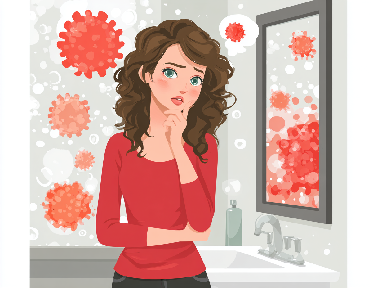 Ilustração médica de uma mulher com dúvidas e dificuldade de como saber se é candidíase ou herpes, com destaque visual na região íntima e sintomas sobrepostos.