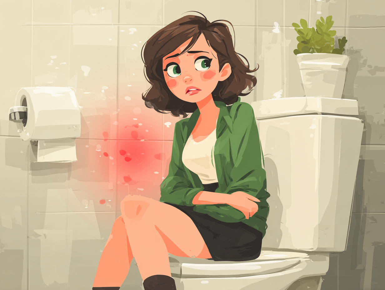 Ilustração médica de mulher sentada no vaso sanitário com expressão de desconforto, representando corrimento sem cheiro e sem coceira pode ser candidíase