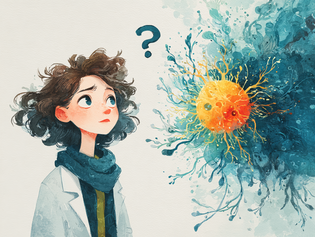 Ilustração de uma mulher olhando com curiosidade para um fungo grande com interrogação, representando a dúvida sobre candidíase o que significa.