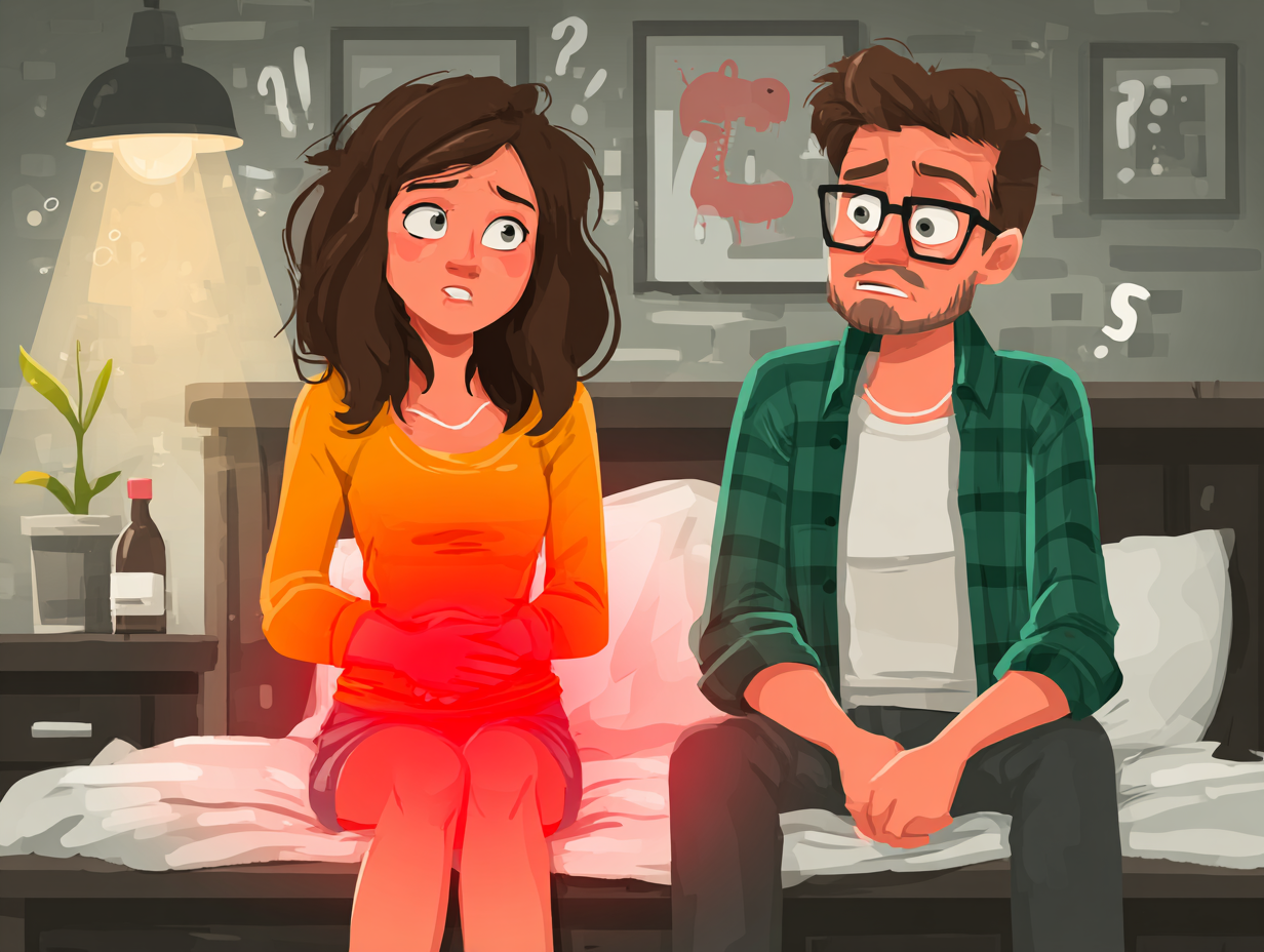 Ilustração médica de uma mulher com expressão de duvida se dor no ato sexual é candidíase