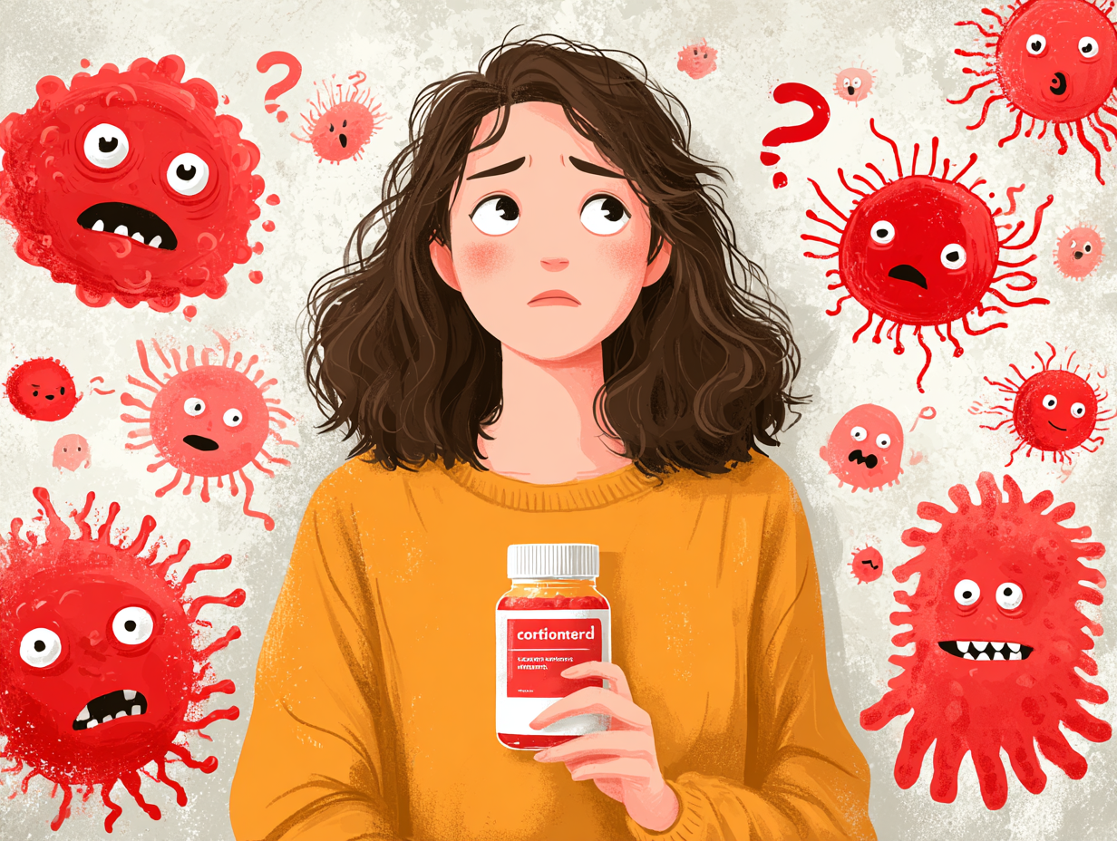 Ilustração de uma mulher com expressão de dúvida olhando para o frasco de anticoncepcional, cercada e se perguntando se o anticoncepcional pode causar candidíase