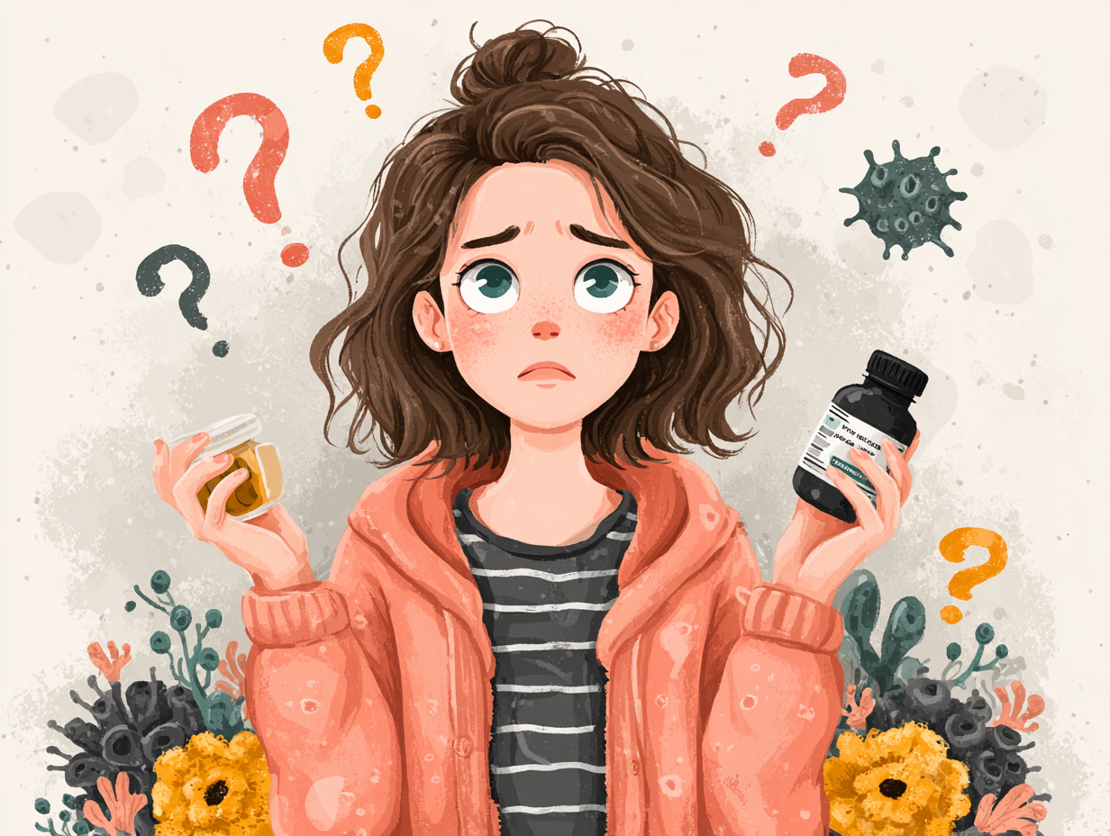 Ilustração flat de mulher com dúvida entre qual o melhor tratamento para candidíase, se é pomada ou comprimido, segurando os dois nas mãos e com símbolos de fungo ao redor