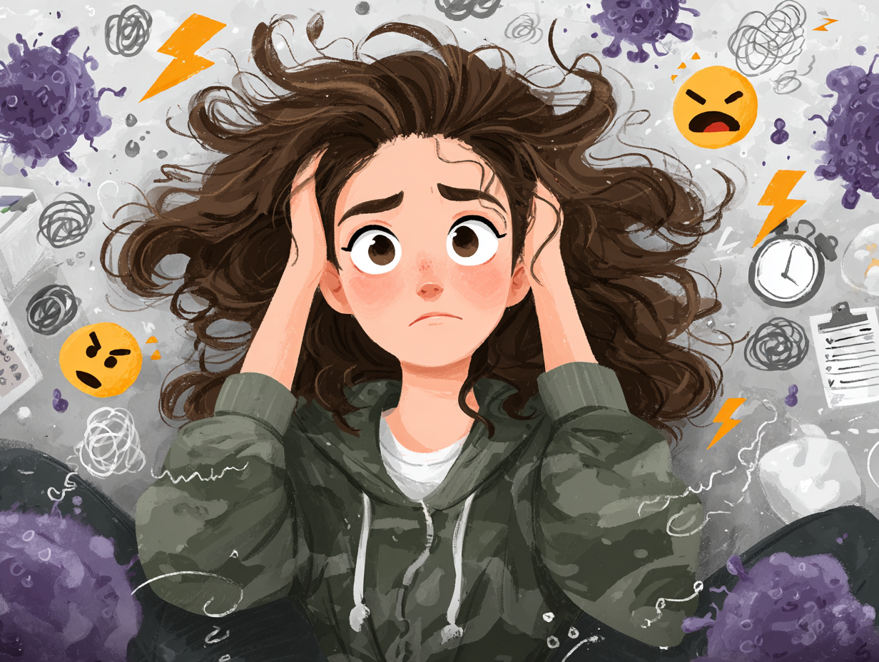 Ilustração de uma mulher em desespero emocional cercada por ícones de estresse e símbolos do fungo Candida, representando a ligação entre candidíase e estresse.