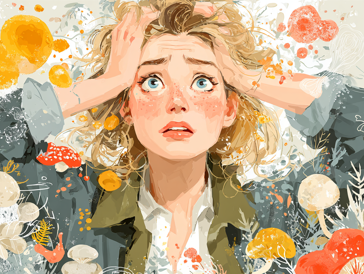 A digital flat-style medical illustration of a blonde woman with her hands on her head, stressed expression, surrounded by symbolic illustrations of fungi (yeast shapes), soft neutral background, white backdrop, 4:3 aspect ratio, high detail, concept of infection and emotional overload