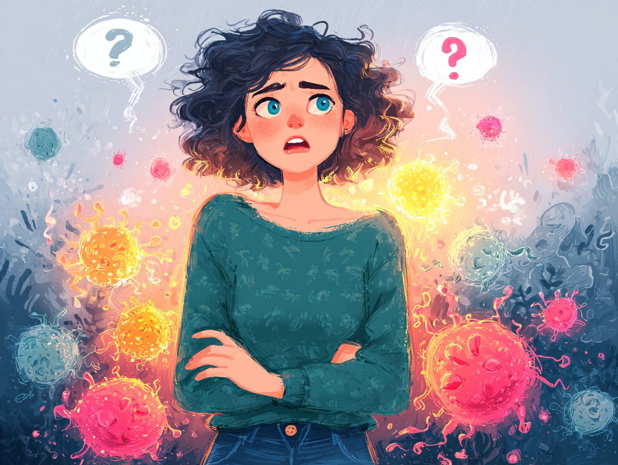 Ilustração médica de mulher com desconforto abdominal, cercada por ícones de estresse e infecção fúngica, representando a duvida se o estresse pode causar candidíase.